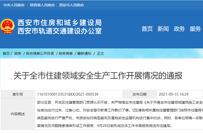 关于全市住建领域安全生产工作开展情况的通报